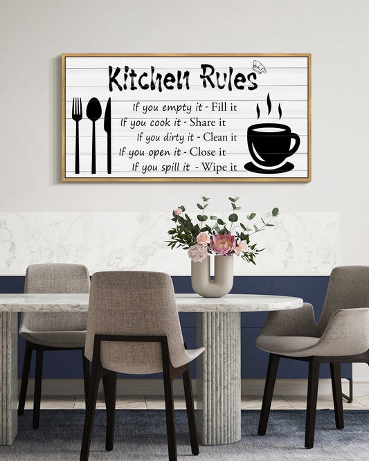 SHENIFY Large 20x40in Natural Framed Kitchen Rules Wall Decor Funny Inspirational Quote Decor Modern Rustic Farmhouse Kitchen Hanging Decoration