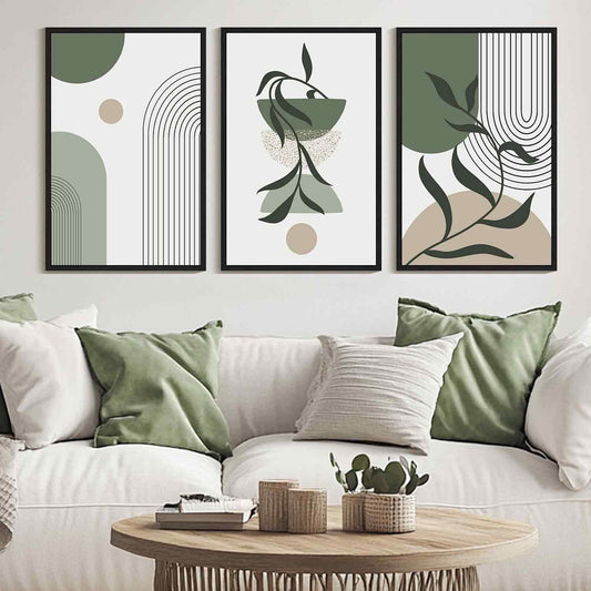 SHENIFY Large 24x36in3pcs Black Framed Botanical Boho Wall Art Modern Bohemian Plants Wall Decor Green Geometry Lines Prints Artwork for Bedroom Dining Room