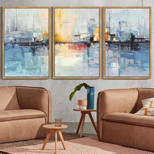 SHENIFY Large 24x36in3pcs Natural Framed Abstract Wall Art Blue Gray Yellow Modern Minimalist Painting Decor Graffiti Artwork