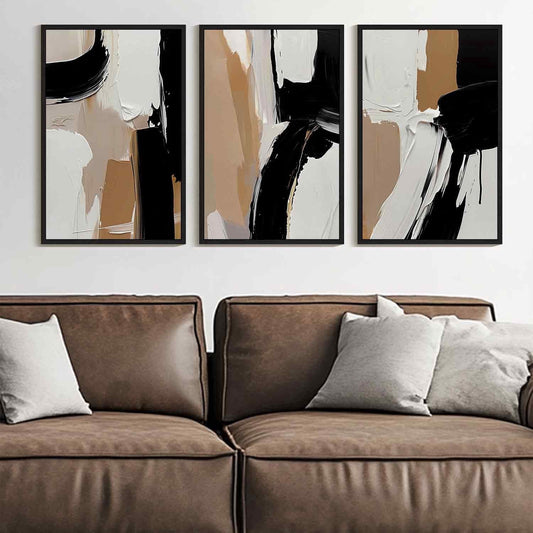 SHENIFY Large 24x36in3pcs Natural Framed Black Abstract Shapes Canvas Wall Art Minimalist Graffiti Pastel Wall Decor Modern Illustration Art Painting Home Decor