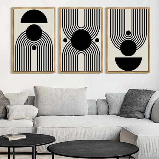 SHENIFY Large 24x36in3pcs Natural Framed Black Abstract Wall Art Minimalist Geometry Lines Painting Artwork for Living Room Bedroom