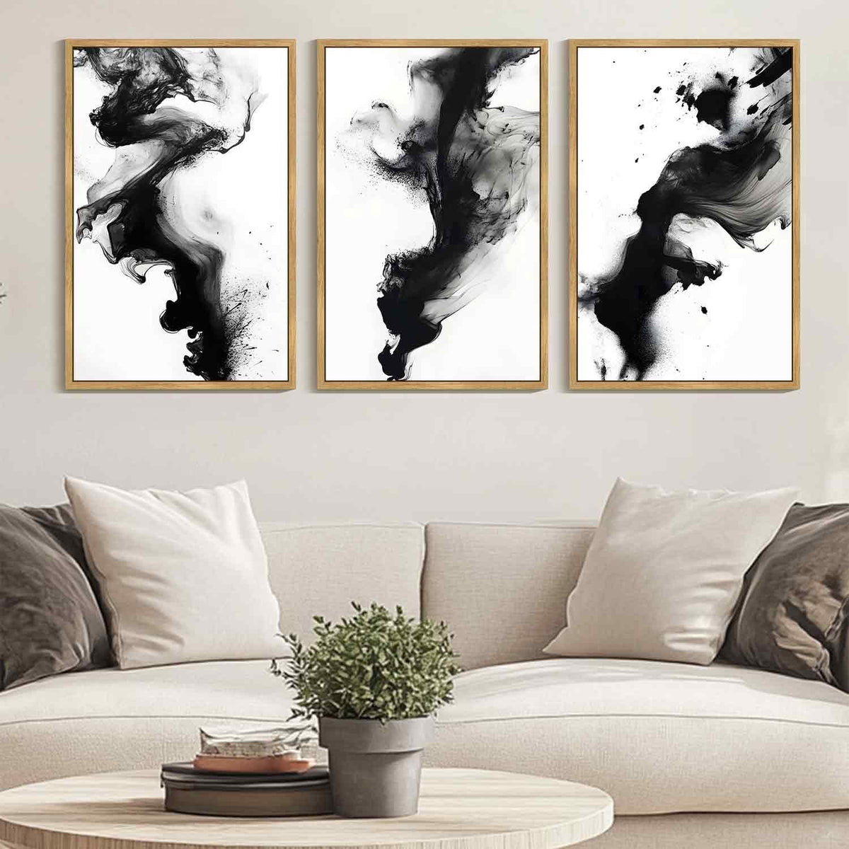 SHENIFY Large 24x36in3pcs Natural Framed Black White Abstract Canvas Wall Art Ink Wash Pastel Wall Decor Modern Rendering Illustration Art Painting for Bedroom Dining Room