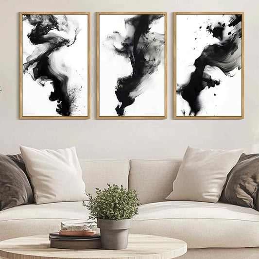 SHENIFY Large 24x36in3pcs Natural Framed Black White Abstract Canvas Wall Art Ink Wash Pastel Wall Decor Modern Rendering Illustration Art Painting for Bedroom Dining Room
