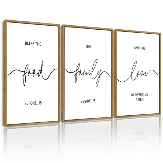 SHENIFY Large 24x36in3pcs Natural Framed Bless The Food Before Us Sign Kitchen Wall Decor for Dining Room Farmhouse Wall Art Hanging Decoration