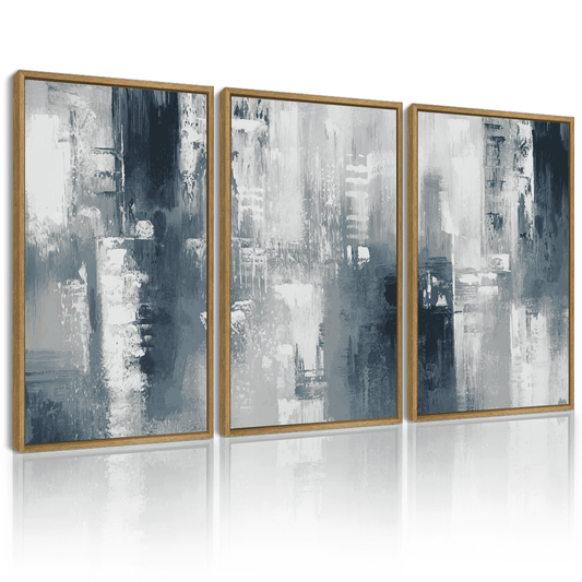 SHENIFY Large 24x36in3pcs Natural Framed Blue and Grey Abstract Wall Art Modern Minimalist Painting Decor Graffiti Artwork for Home Wall Decor