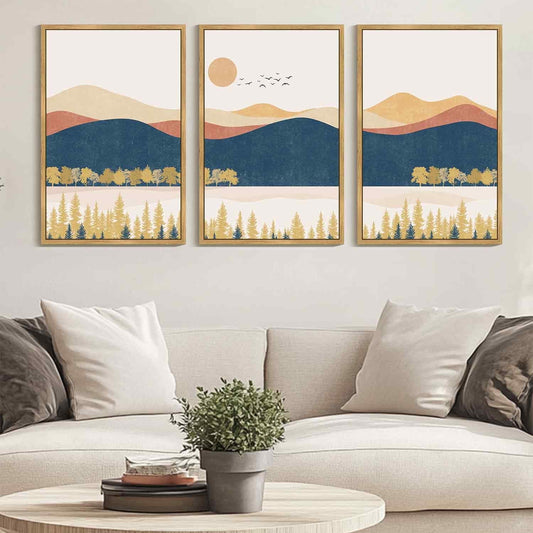 SHENIFY Large 24x36in3pcs Natural Framed Bohemain Mountain Landscape Wall Art Watercolor Nature Artwork Painting Boho Farmhouse Rustic Home Decor