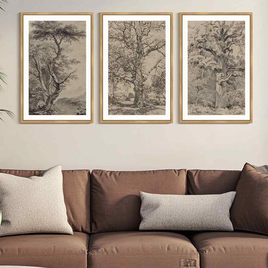 SHENIFY Large 24x36in3pcs Natural Framed Boho Vintage Tree Wall Art Neutral Retro Forest Art Prints Antique Rustic Nature Wilderness Paintings Bedroom Hallway Decor