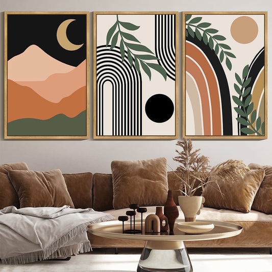 SHENIFY Large 24x36in3pcs Natural Framed Boho Wall Art Abstract Decor Bohemian Prints Ready To Hang for Hallway Living Room