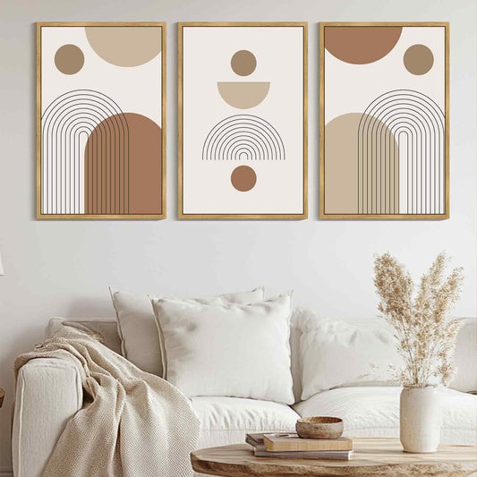 SHENIFY Large 24x36in3pcs Natural Framed Botanical Boho Wall Art Modern Bohemian Plants Wall Decor Natural Brown Geometry Lines Prints Artwork for Living Dining Room