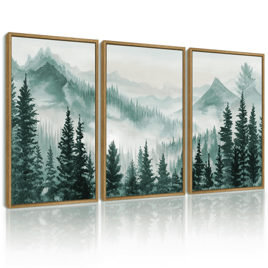 SHENIFY Large 24x36in3pcs Natural Framed Fog Pine Green Tree Forest Canvas Wall Art Nordic Nature Modern Artwork Prints Decor