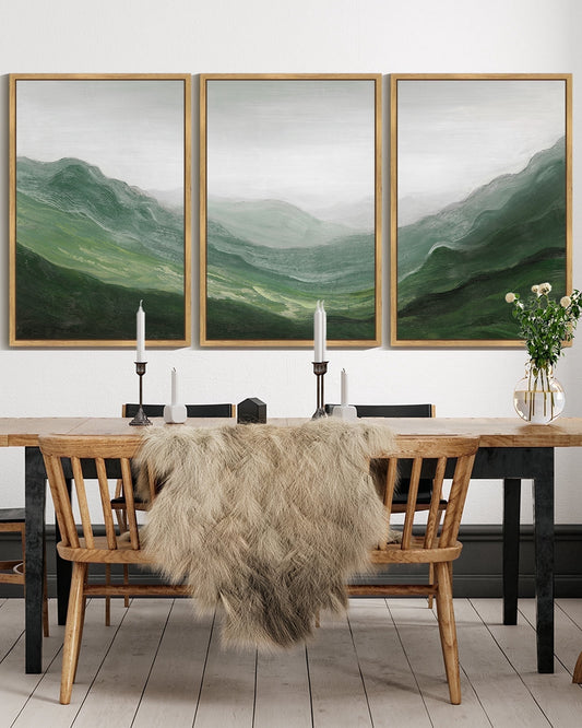 SHENIFY Large 24x36in3pcs Natural Framed Fog Pine Green Tree Forest Canvas Wall Art Nordic Nature Modern Mountain Artwork Prints Decor