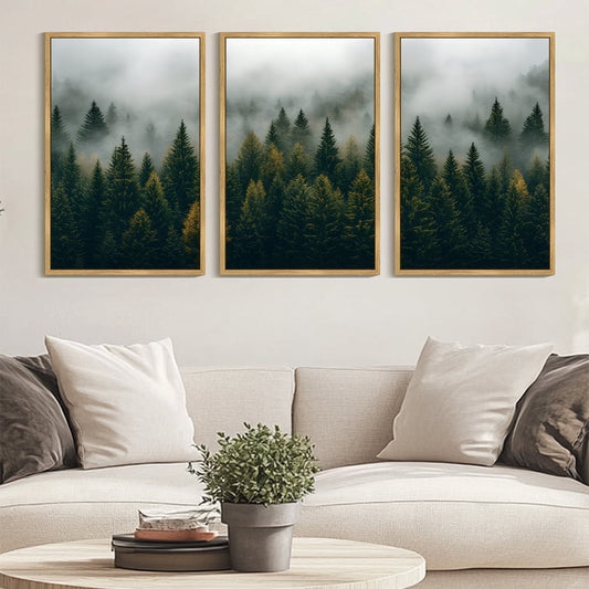 SHENIFY Large 24x36in3pcs Natural Framed Green Fog Pine Tree Landscape Wall Art Nature Nordic Misty Forests Morden Decor Artwork Prints Rustic Living Room Home Office