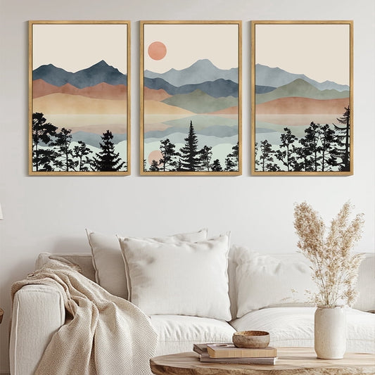 SHENIFY Large 24x36in3pcs Natural Framed Mountain Range Landscape Wall Art Ink Wash Watercolor Nature Laker Sun Rises Decor Artwork Prints Rustic Living Room Bedroom