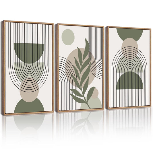 SHENIFY Large Boho Wall Art Green Sage Decor Framed Wood Modern Bohemian Abstract Geometry Canvas Prints - 24x36in3pcs Natural Framrd