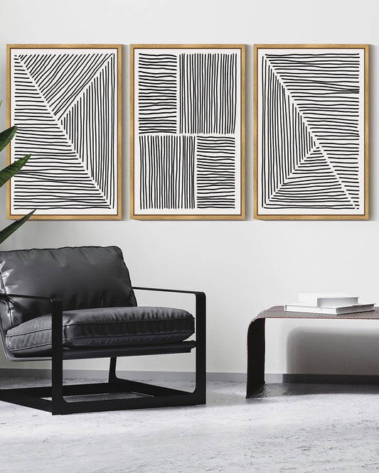 SHENIFY Mid-Century Modern Wall Art 16x24in3pcs Natural Framed Minimalist Abstract Boho Black Line Wall Decor Geometric Artwork Kitchen Dining Room