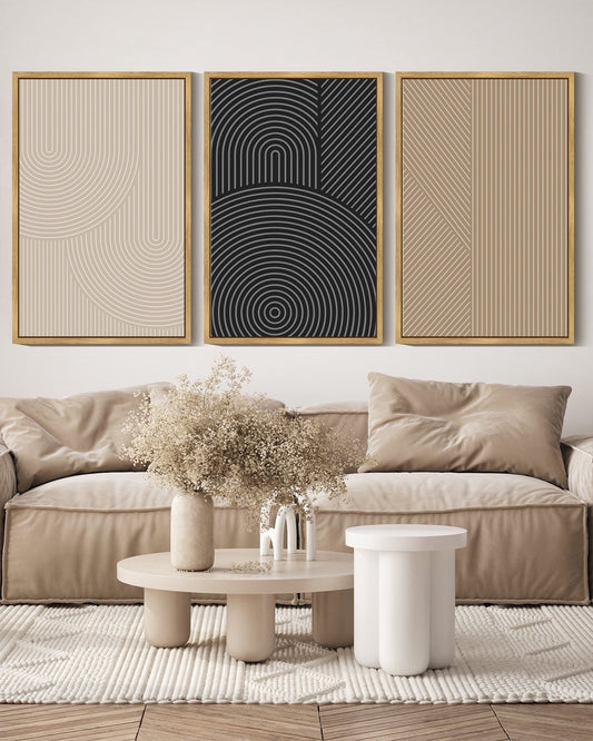 SHENIFY Mid-Century Modern Wall Art 16x24in3pcs Natural Framed Minimalist Abstract Boho Neutral Line Wall Decor Geometric Artwork Kitchen Dining Room