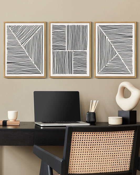 SHENIFY Mid-Century Modern Wall Art Minimalist Abstract Boho Black Line Wall Decor Geometric Artwork Kitchen Dining Room 11x14in3pcs Natural Framed