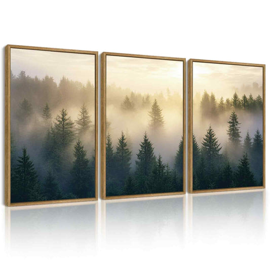 SHENIFY Misty Nordic Forests Wall Art 16x24in3pcs Natural Framed Nature Fog Pine Tree Morden Home Decor Artwork Prints Rustic farmhouse Bedroom