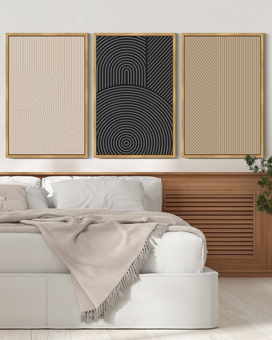 SHENIFY Modern Minimalist Wall Art 16x24in3pcs Natural Framed Abstract Line Wall Decor Geometric Artwork Bedroom Living Room