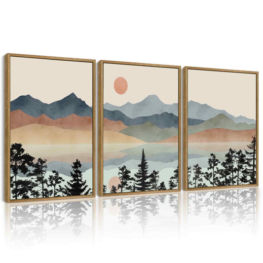 SHENIFY Mountain Range Landscape Wall Art Ink Wash Watercolor Nature Laker Sun Rises Decor Artwork Prints Rustic Farmhouse Kitchen 11x14in3pcs Natural Framed