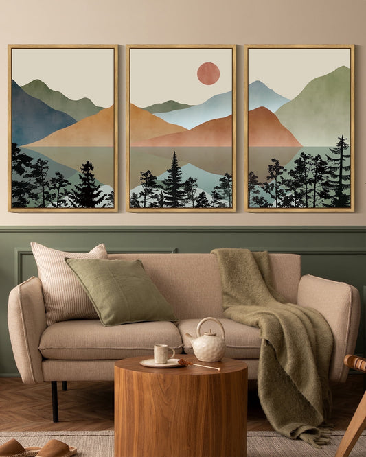 SHENIFY Set Lake Sunrise Pine Tree Forest Landscape Mountain Wall Art 16x24in3pcs Natural Framed Nature Scenry Wilderness Farmhouse Rustic Modern Art Decorative for Living Room Bedroom