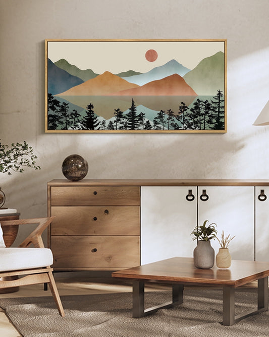 SHENIFY Set Lake Sunrise Pine Tree Forest Landscape Mountain Wall Art 20x40in Natural Framed Nature Scenry Wilderness Farmhouse Rustic Modern Art Decorative for Living Room Bedroom