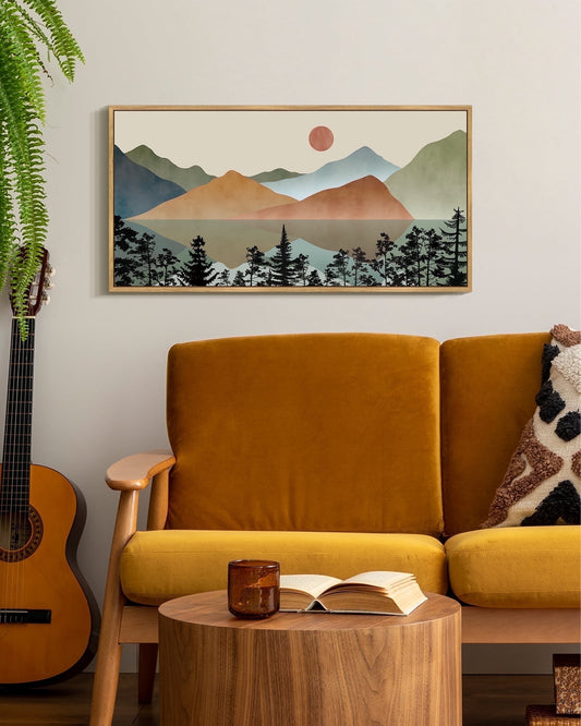 SHENIFY Set Lake Sunrise Pine Tree Forest Landscape Mountain Wall Art Nature Scenry Wilderness Farmhouse Rustic Modern Art Decorative for Living Room Bedroom 8x16in Natural Framed