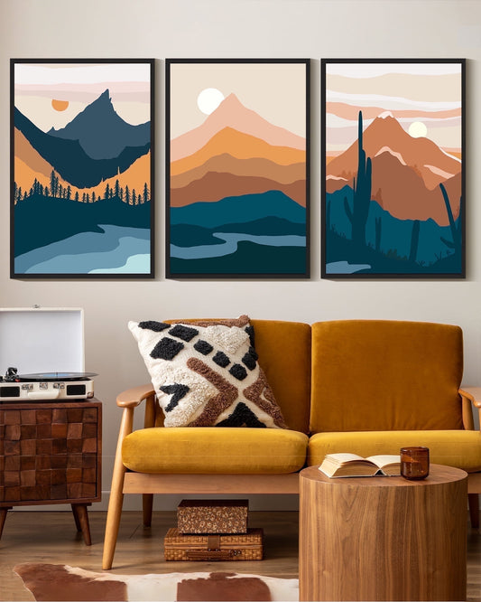 SHENIFY Set Watercolor Mountain Range Boho Landscape Wall Art 16x24in3pcs Black Framed Forest Nature Wilderness Farmhouse Rustic Modern Art Decorative for Living Room Bedroom