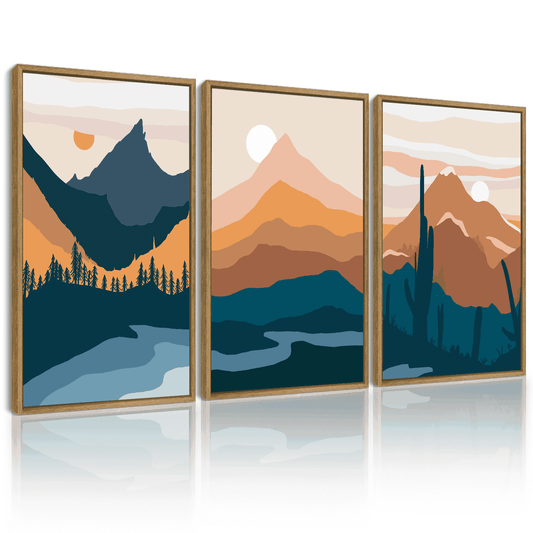 SHENIFY Set Watercolor Mountain Range Boho Landscape Wall Art 16x24in3pcs Natural Framed Forest Nature Wilderness Farmhouse Rustic Modern Art Decorative for Living Room Bedroom