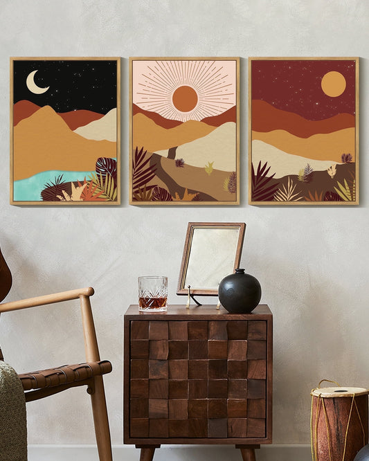 SHENIFY Set Watercolor Sunrise Boho Landscape Wall Art Mountain Range Forest Desert Nature Wilderness Farmhouse Rustic Modern Art Decorative 11x14in3pcs Natural Framed
