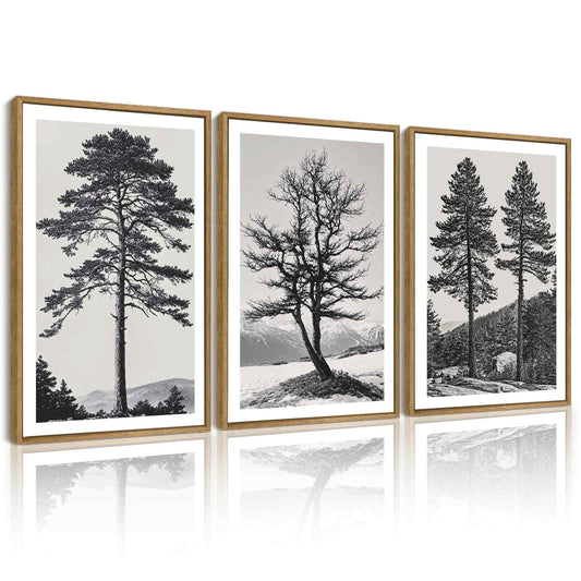 SHENIFY Vintage Black Gray Forest Wall Art 16x24in3pcs Natural Framed Antique Retro Tree Modern Decor Artwork Prints Rustic farmhouse Bedroom