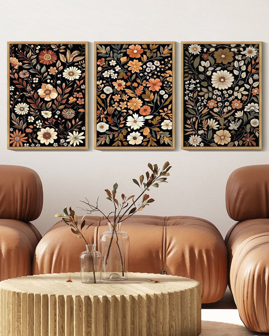 SHENIFY Vintage Colorful Flower Wall Art Bohemain Retro Floral Wall Hanging Decor Farmhouse Rustic Botanical Pictures Wall Decor 11x14in3pcs Natural Framed