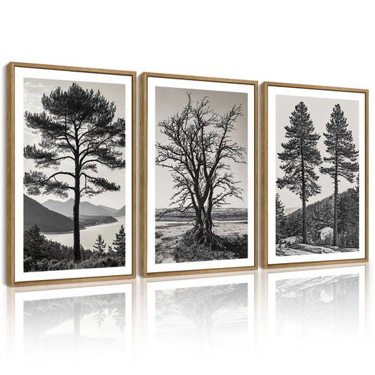 SHENIFY Vintage Tree Wall Art 16x24in3pcs Natural Framed Black and White Retro Antique Forest Drawings Nature Wilderness Sketch Wall Painting Modern Bedroom Decor