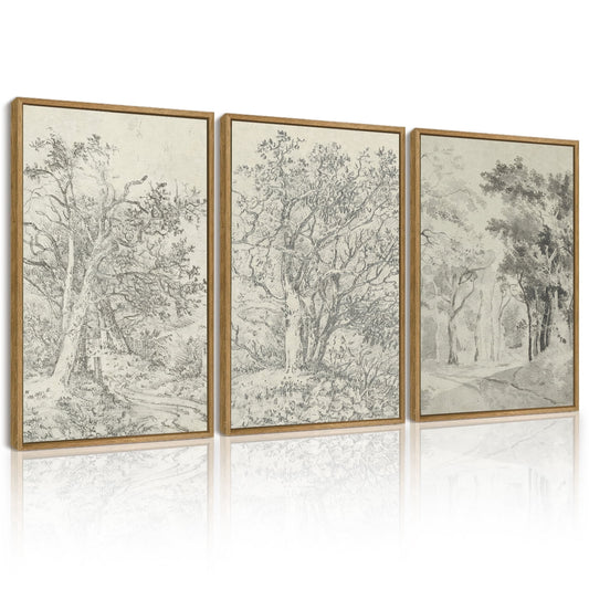 SHENIFY Vintage Tree Wall Art 16x24in3pcs Natural Framed Retro Forest Paints Nature Wilderness Sketch Wall Painting Modern Landscape Decor
