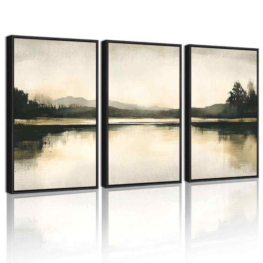 SHENIFY Watercolor Abstract Mountain Lake Wall Art 16x24in3pcs Black Framed Brown Landscape Nature Wilderness Painting Nordic Neutral Tan Illustration Decorative Home Decor