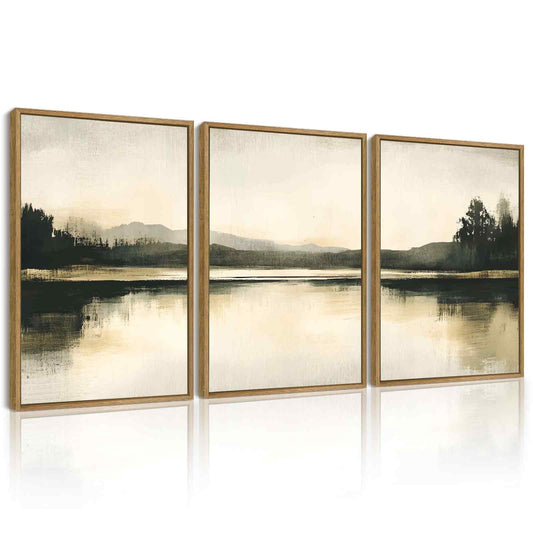 SHENIFY Watercolor Abstract Mountain Lake Wall Art Brown Landscape Nature Wilderness Decor Artwork Prints Rustic Living Room Office 11x14in3pcs Natural Framed