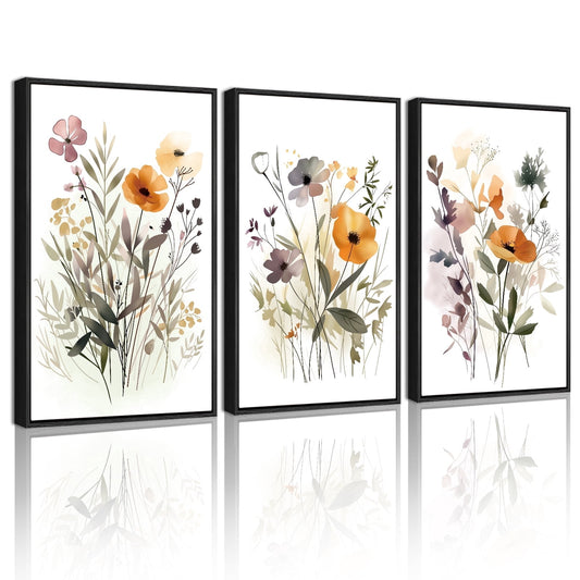 SHENIFY Wildflower Bouquet Wall Art 16x24in3pcs Black Framed Modern Flower Botanical Pictures Illustrations Colorful Floral Hanging Bedroom Dining Living Room Decor
