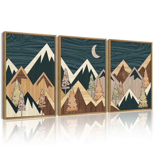 SHENIFY Woodcut Pine Tree Forest Mountains Wall Art Nature Landscape Morden Decor Artwork Prints Rustic Office Hallway 12x16in3pcs Natural Framed