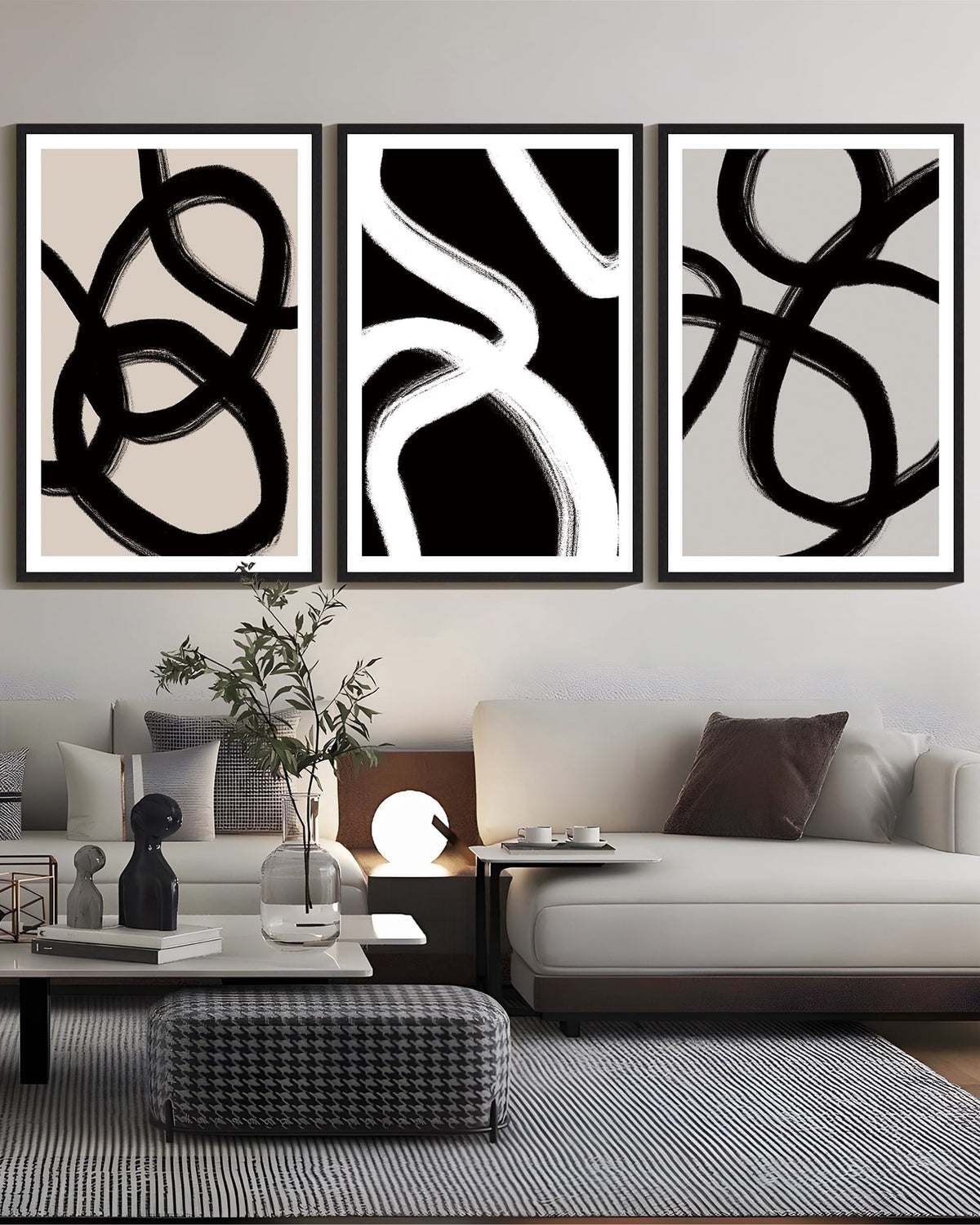 SHENIFY large 24x36in3pcs Black Framed Black Abstract Wall Art Decor Duotone Minimal Dark Brush Stroke Prints Shapes Illustrations Modern Art Decorative Ready To Hang