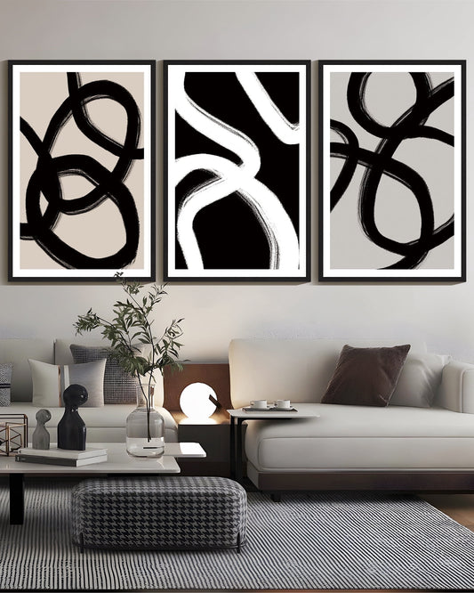SHENIFY large 24x36in3pcs Black Framed Black Abstract Wall Art Decor Duotone Minimal Dark Brush Stroke Prints Shapes Illustrations Modern Art Decorative Ready To Hang