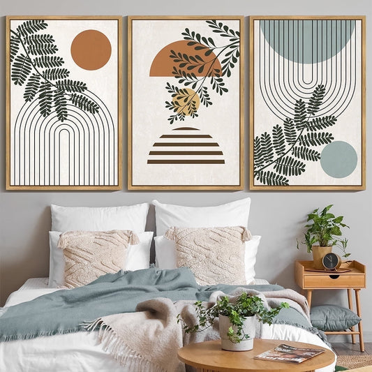SHENIFY Large 24x36in3pcs Black Framed Botanical Boho Wall Art Modern Plant Leaf Bohemian Wall Decor Abstract Geometry Lines Prints Ready to Hang