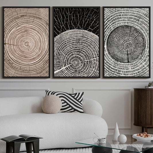 SHENIFY large 24x36in3pcs Black Framed Vintage Wood Tree Rings Wall Art Farmhouse Rustic Canvas Paintings Living Room Bedroom Decor Nature Artwork