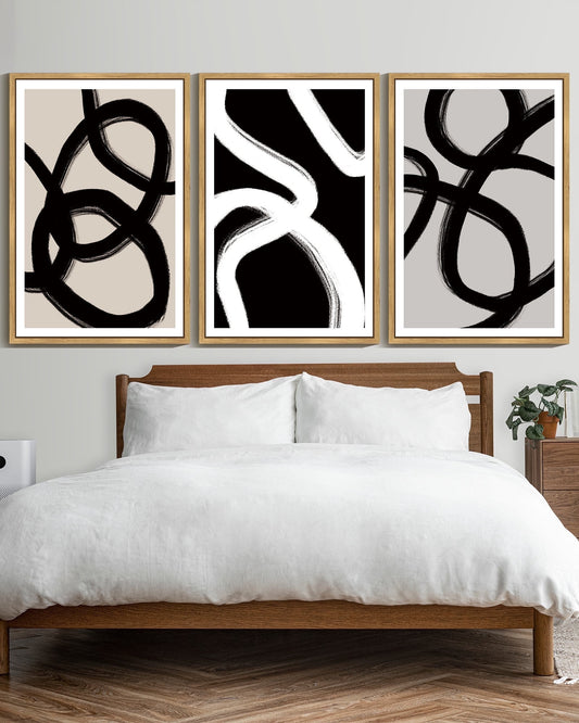 SHENIFY large 24x36in3pcs Natural Framed Black Abstract Wall Art Decor Duotone Minimal Dark Brush Stroke Prints Shapes Illustrations Modern Art Decorative Ready To Hang
