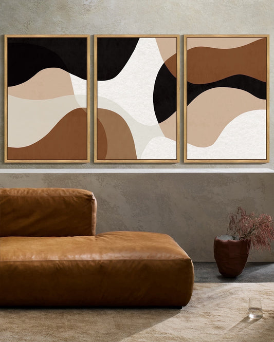 SHENIFY Large 24x36in3pcs Natural Framed Black Abstract Wall Art Decor Minimalist Geometry Prints Shapes Illustrations Modern Art Decorative Ready to Hang
