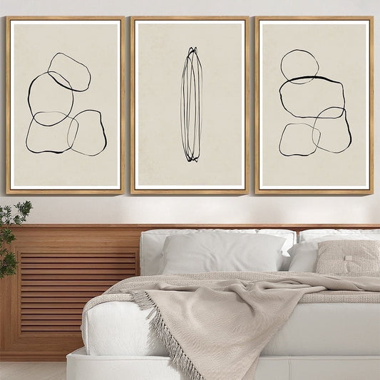 SHENIFY large 24x36in3pcs Natural Framed Black Abstract Wall Art Decor Minimalist Geometry Ring Grid Lines Graffiti & Street Prints Modern Art Decorative Ready To Hang