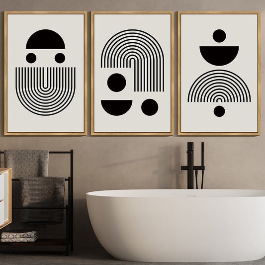 SHENIFY large 24x36in3pcs Natural Framed Black Abstract Wall Art Decor Solid & Spiral Semi-Circles Geometric Shapes Drawings Modern Art Decorative Ready To Hang