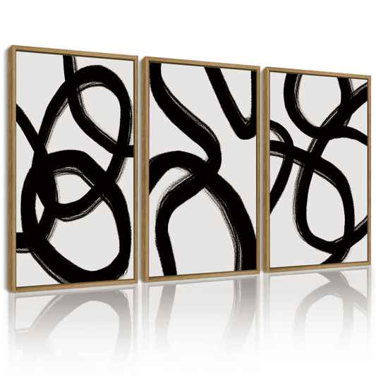 SHENIFY large 24x36in3pcs Natural Framed Black and Gray Abstract Wall Art Decor Duotone Minimal Dark Brush Stroke Prints Shapes Illustrations Modern Art Decorative Ready To Hang