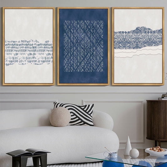 SHENIFY large 24x36in3pcs Natural Framed Blue Abstract Boho Wall Art Minimalist Mid-Century Modern Wall Decor Geometric Artwork Kitchen Dining Room
