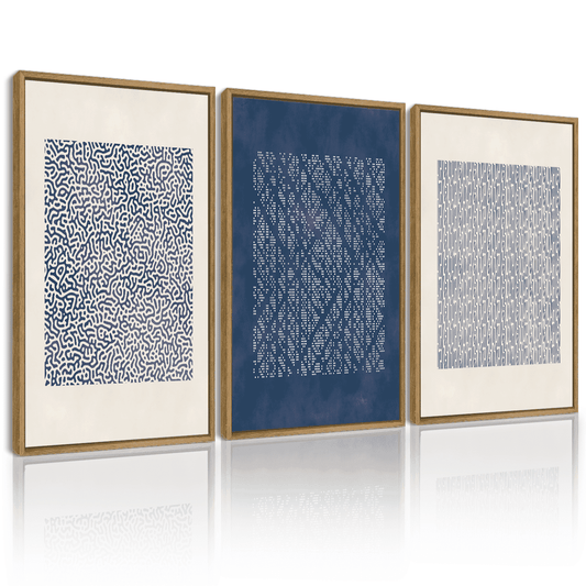 SHENIFY large 24x36in3pcs Natural Framed Blue Mid-Century Modern Wall Art Minimalist Abstract Boho Wall Decor Geometric Artwork Kitchen Dining Room