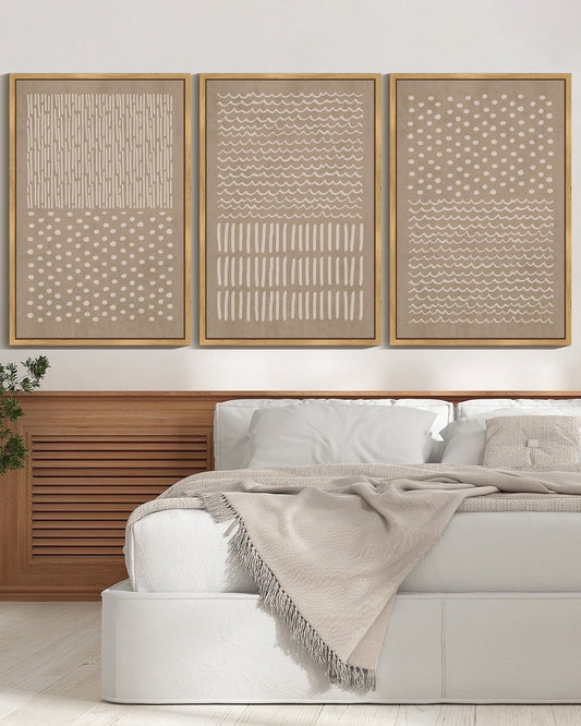 SHENIFY large 24x36in3pcs Natural Framed Boho Geometric Wall Art Mid-Century Bohemain Abstract Shape Illustration Neutral Modern Minimalist Painting Decorative Artwork